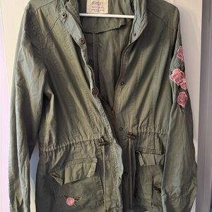 Green Cargo Jacket with Pink Floral Embroidery